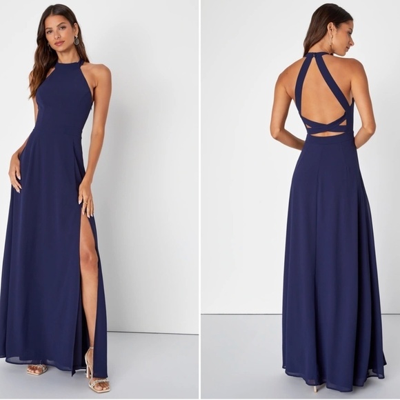LULU's Prom Wedding Flowy Romantic Sexy Navy Chiffon Maxi Dress NWOT